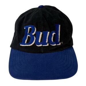 Vintage Budweiser Snapback Hat Black Blue Corduroy Spellout USA Cap Retro Beer